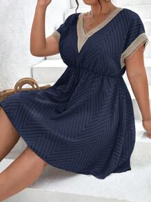SHEIN Frenchy Hơn Ren tương phản Tie Trước Đầm - Màu xanh hải quân - Xem 7