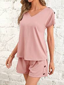 SHEIN LUNE Bộ đồ hai mảnh nữ Nút màu trơn Giải trí - Hồng - Xem 2