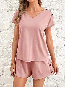 SHEIN LUNE Bộ đồ hai mảnh nữ Nút màu trơn Giải trí - Hồng - Xem 6