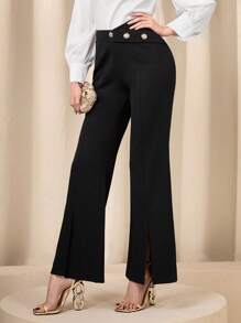 Modelyn 紐扣細節下擺開叉喇叭褲 - 黑色 - 查看 3