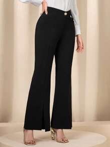 Modelyn 紐扣細節下擺開叉喇叭褲 - 黑色 - 查看 4