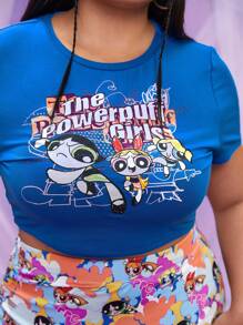 THE POWERPUFF GIRLS X SHEIN 大碼標語和卡通圖案短款T恤和不對稱下擺半身裙 - 彩色 - 查看 3