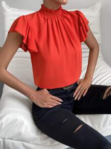 SHEIN Privé 褶邊領蝴蝶袖襯衫 - 橘色 - 查看 4