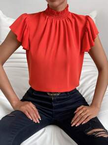 SHEIN Privé 褶邊領蝴蝶袖襯衫 - 橘色 - 查看 3