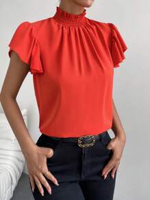 SHEIN Privé 褶邊領蝴蝶袖襯衫 - 橘色 - 查看 5