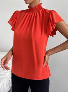 SHEIN Privé 褶邊領蝴蝶袖襯衫 - 橘色 - 查看 6