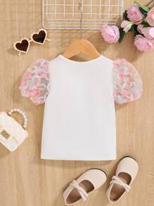 SHEIN Trẻ Cô gái Dệt kim Lưới Nối Vòng cổ Ống tay áo Giải trí Ngắn tay Áo thun - trắng - Xem 2
