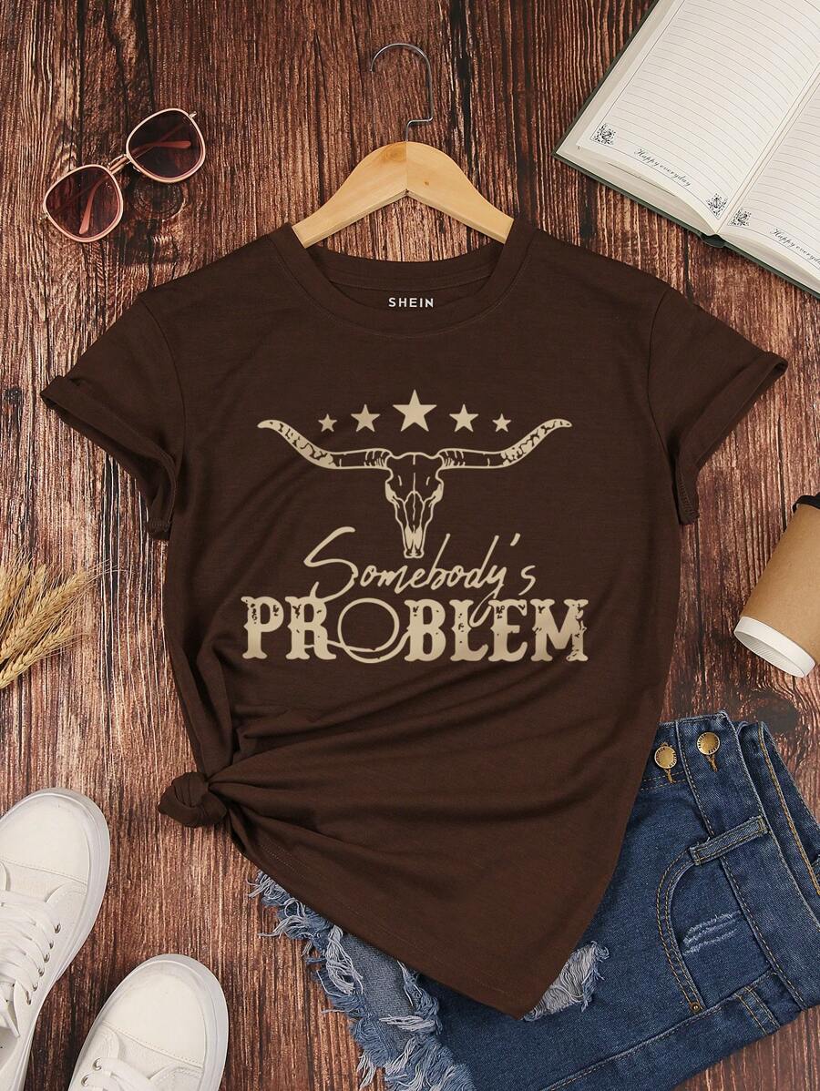 INAWLY Cattle And Letter Graphic Tee Graphic Tees Women Tops - Brown - View 1