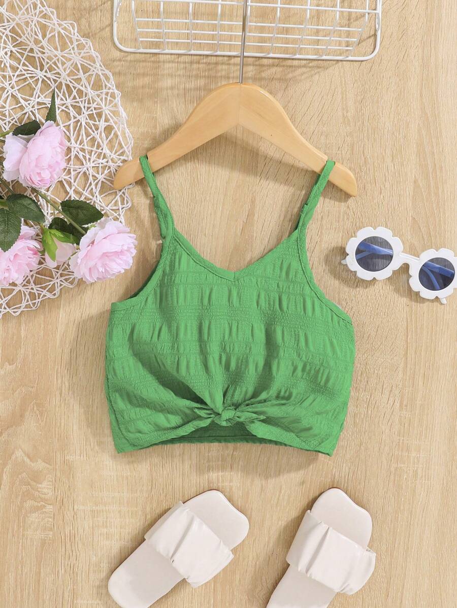 SHEIN 小女童下擺打結吊帶上衣 - 綠色 - 查看 1