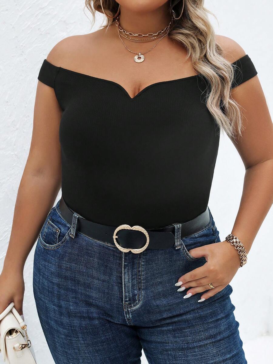 SHEIN Privé 大碼一字肩素色上衣 - 黑色 - 查看 1