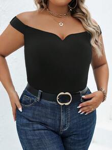 SHEIN Privé 大碼一字肩素色上衣 - 黑色 - 查看 4