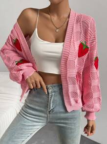 SHEIN Qutie Strawberry Pattern Drop Shoulder Open Knit Duster Cardigan - Pink - View 2