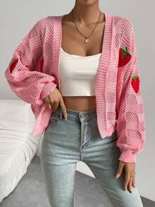 SHEIN Qutie Strawberry Pattern Drop Shoulder Open Knit Duster Cardigan - Pink - View 4