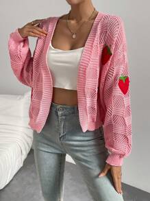 SHEIN Qutie Strawberry Pattern Drop Shoulder Open Knit Duster Cardigan - Pink - View 6