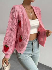 SHEIN Qutie Strawberry Pattern Drop Shoulder Open Knit Duster Cardigan - Pink - View 7