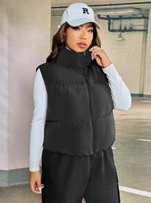 SHEIN EZwear 大码拉链羽绒背心加厚外套（不含 T 恤） - 黑色 - 查看 5