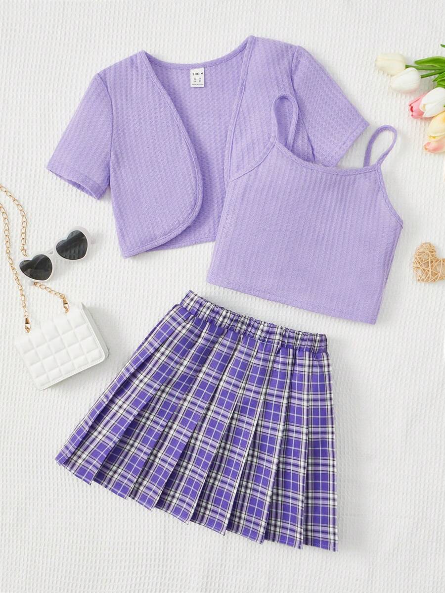 SHEIN Cô gái Tween Chất rắn Cami ngọn & Kẻ sọc Chân Váy xếp ly & Mở Mặt trước Áo khoác - Nhiều màu - Xem 1