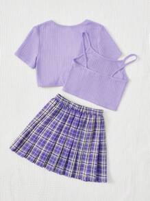 SHEIN Cô gái Tween Chất rắn Cami ngọn & Kẻ sọc Chân Váy xếp ly & Mở Mặt trước Áo khoác - Nhiều màu - Xem 2