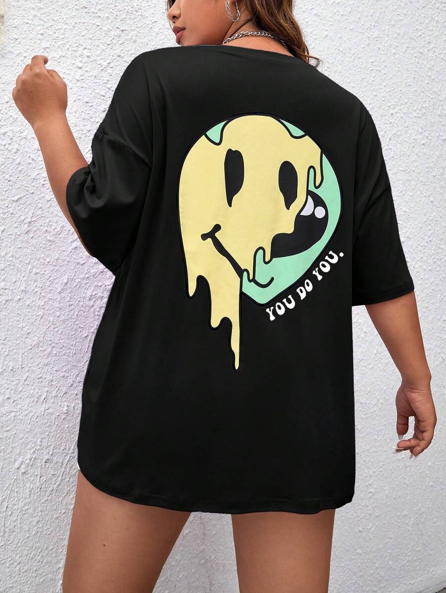 SHEIN EZwear Áo thun hở vai họa tiết hoạt hình Plus, mùa hè - màu đen - Xem 1