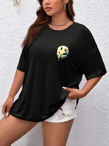 SHEIN EZwear Áo thun hở vai họa tiết hoạt hình Plus, mùa hè - màu đen - Xem 2