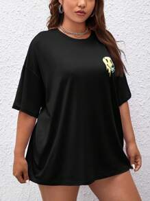 SHEIN EZwear Áo thun hở vai họa tiết hoạt hình Plus, mùa hè - màu đen - Xem 3