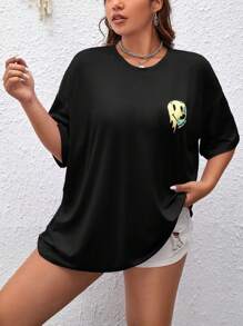 SHEIN EZwear Áo thun hở vai họa tiết hoạt hình Plus, mùa hè - màu đen - Xem 4