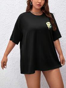 SHEIN EZwear Áo thun hở vai họa tiết hoạt hình Plus, mùa hè - màu đen - Xem 5