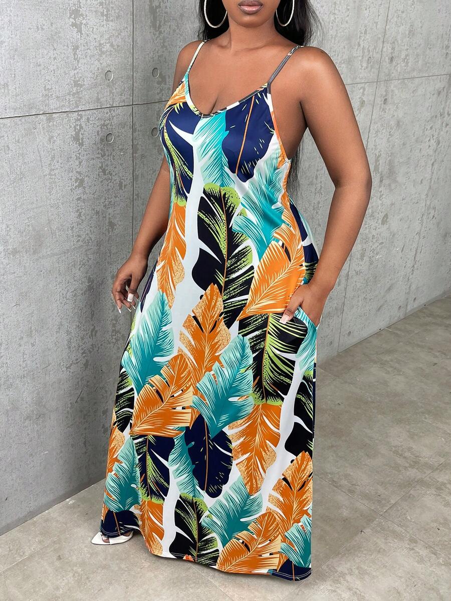 Slaydiva Đầm Plus Size Lộ Lưng Nhiệt đới Boho - Nhiều màu - Xem 1