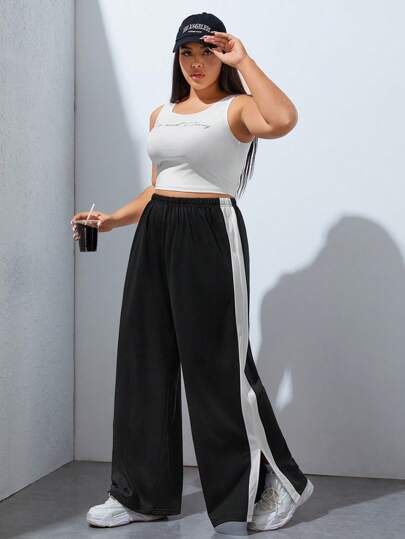SHEIN EZwear Plus Contrast Side Seam Split Hem Wide Leg Sweatpants