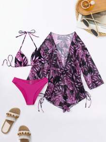 SHEIN Swim Tropical Print Halter Triangle Bikini Set With Cover Up,Summer Beach - Purple - View 3