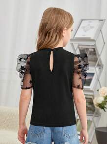 SHEIN Leap Crew 女大童拼接星星網紗泡泡袖T恤 - 黑色 - 查看 2