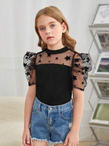 SHEIN Leap Crew 女大童拼接星星網紗泡泡袖T恤 - 黑色 - 查看 4