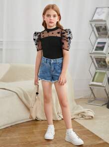 SHEIN Leap Crew 女大童拼接星星網紗泡泡袖T恤 - 黑色 - 查看 6