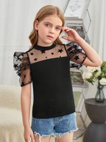 SHEIN Leap Crew 女大童拼接星星網紗泡泡袖T恤 - 黑色 - 查看 5