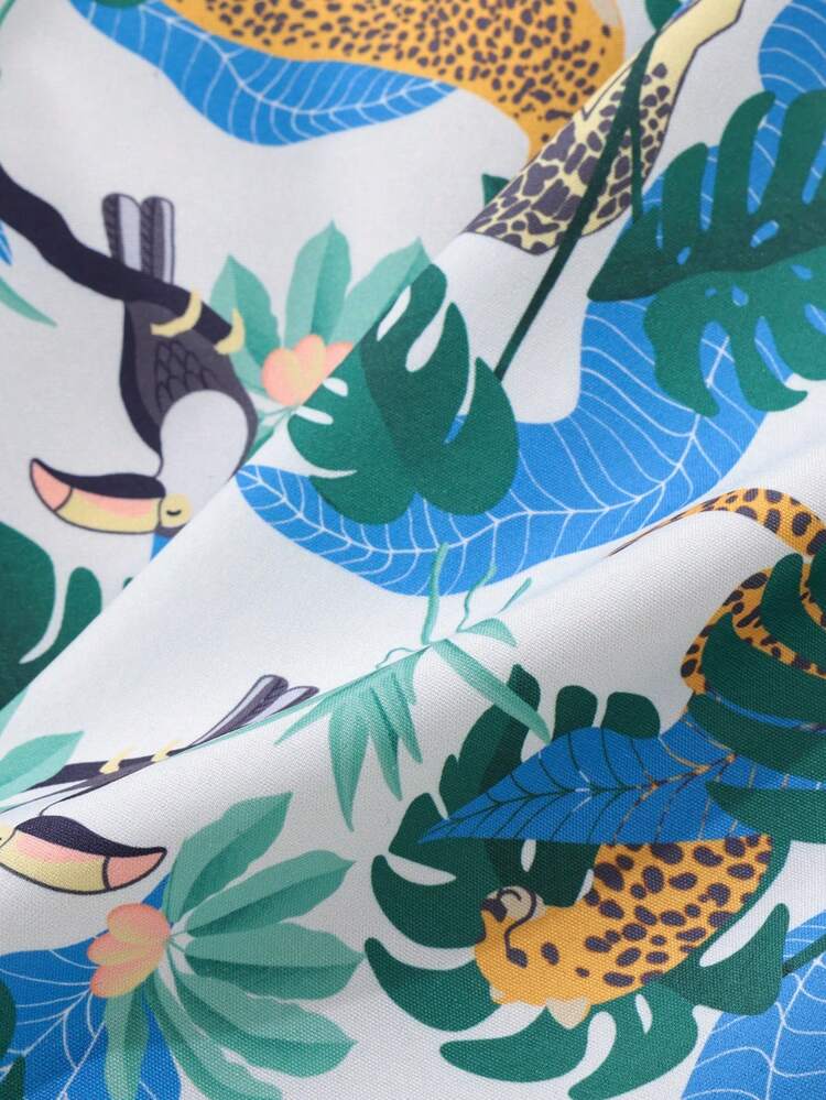 Baby Boy 2pcs Baby & Toddler Vacation Tropical Plants & Animals Print Short Sleeve Shirt And Shorts Summer Outfits