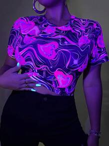 SHEIN ICON 大碼愛心圖案短款T恤 - 彩色 - 查看 1