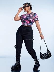 SHEIN ICON 大碼愛心圖案短款T恤 - 彩色 - 查看 3