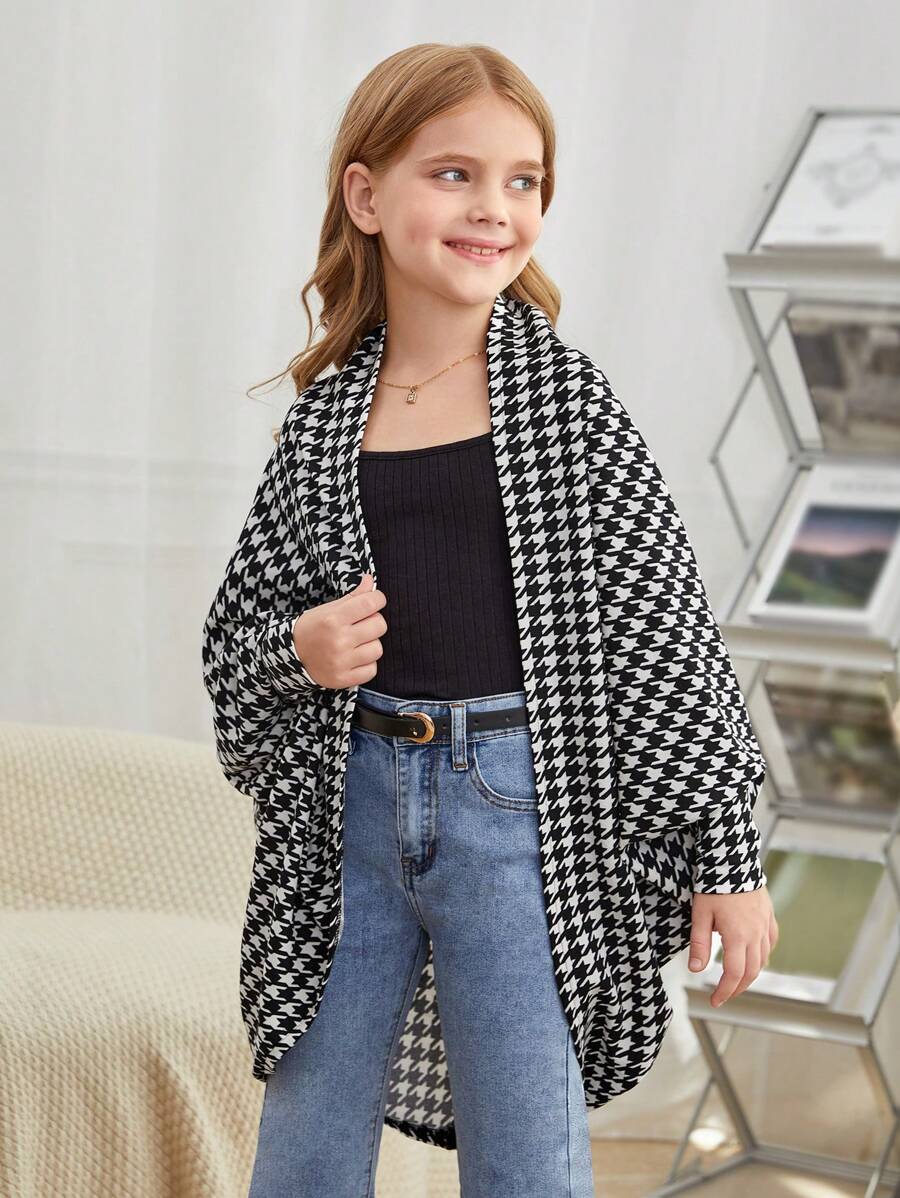 SHEIN 女大童千鳥格印花蝙蝠袖開門襟外套 - 黑與白 - 查看 1