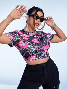 SHEIN ICON 大碼愛心圖案短款T恤 - 彩色 - 查看 6