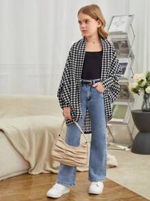 SHEIN 女大童千鳥格印花蝙蝠袖開門襟外套 - 黑與白 - 查看 3