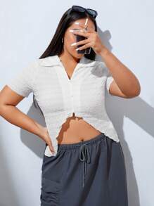 SHEIN MOD 大碼前紐扣不對稱下擺T恤 - 白色 - 查看 1