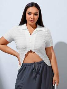 SHEIN MOD 大碼前紐扣不對稱下擺T恤 - 白色 - 查看 4