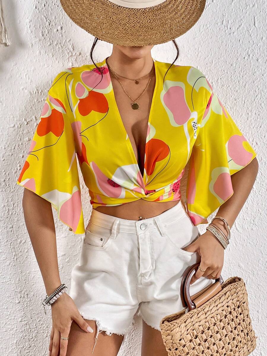 SHEIN VCAY 印花前扭結後綁帶短款襯衫 - 黃色 - 查看 1