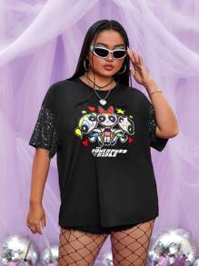 THE POWERPUFF GIRLS X SHEIN Hơn Cartoon & Đồ họa chữ cái Áo thun Thả vai - màu đen - Xem 1