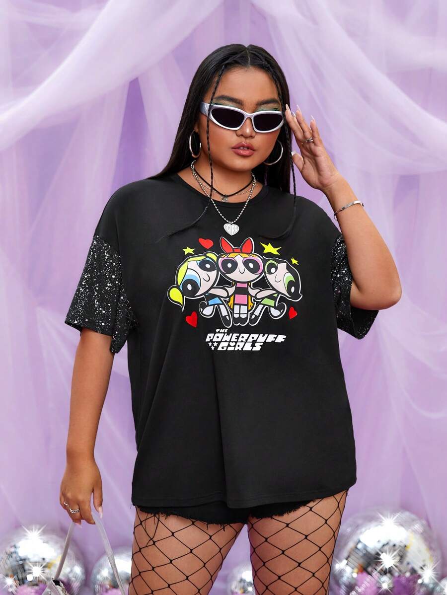 THE POWERPUFF GIRLS X SHEIN Hơn Cartoon & Đồ họa chữ cái Áo thun Thả vai - màu đen - Xem 1