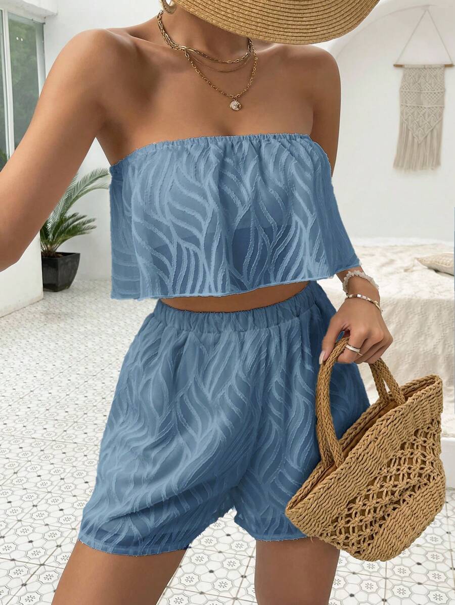 SHEIN VCAY Bộ đồ hai mảnh nữ màu trơn Giải trí - Màu xanh bụi bặm - Xem 1
