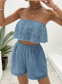 SHEIN VCAY Bộ đồ hai mảnh nữ màu trơn Giải trí - Màu xanh bụi bặm - Xem 4