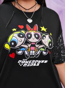 THE POWERPUFF GIRLS X SHEIN Hơn Cartoon & Đồ họa chữ cái Áo thun Thả vai - màu đen - Xem 6