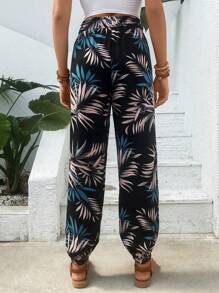 SHEIN VCAY Tropical Print Knot Front Trousers - Black - View 2