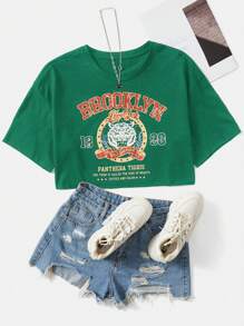 SHEIN EZwear Áo thun nữ Slogan Thú vật Giải trí - màu xanh lá - Xem 1
